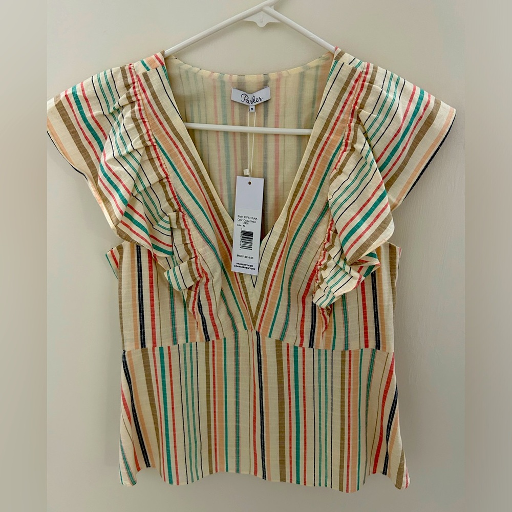 Parker top Oualie peplum waist stripe ruffle NWT deep V medium spring summer